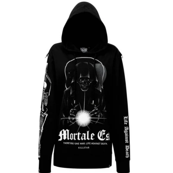Killstar ✦ Mortale Hoodie ✦ XS Unisex Black Cotton Pullover Graphic Sleeves NWT